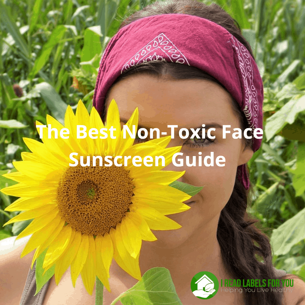 Non-toxic face sunscreen. A photo of a girl whose face is covered with a sunflower.