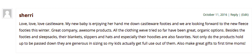 Text containing Sherri's opinion about Castleware natural pajamas.
