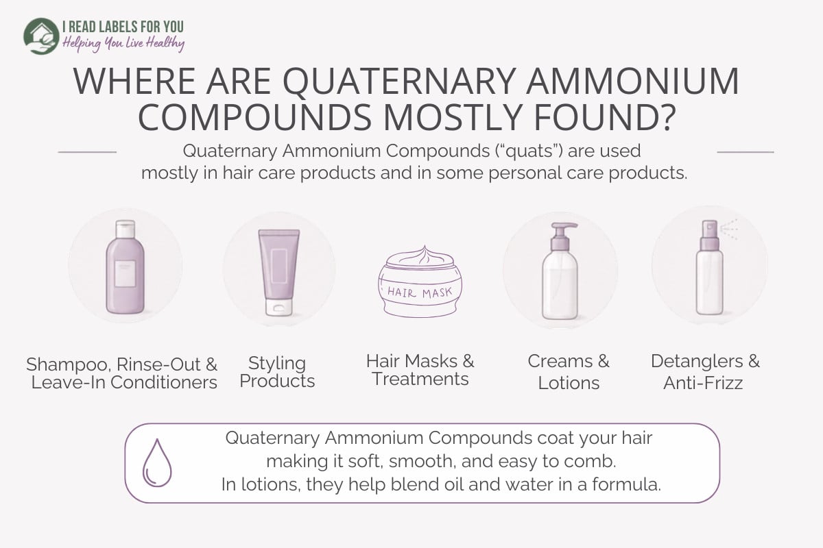I Read Labels For You infographic depicting products and answering the question: Where are Quaternary Ammonium Compounds found