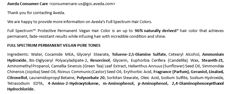Aveda Vegan Pure Tones hair color ingredients