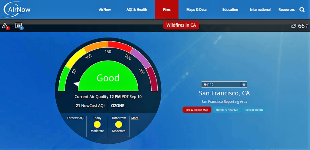 A picture of the air now government website showing air quality in San Fransisco. Protect your health from smoke in the air. 