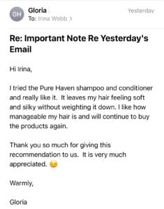 I read Labels for you testimonial on Pure Haven shampoos and conditioners