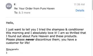 testimonial about Pure Haven Supergreens shampoo and conditioner