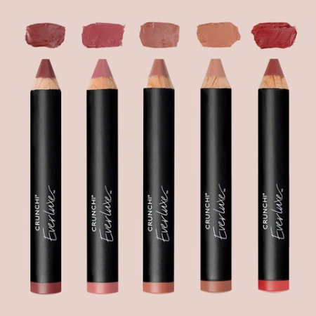 A photo of the five shades of Crunchi lip crayons.