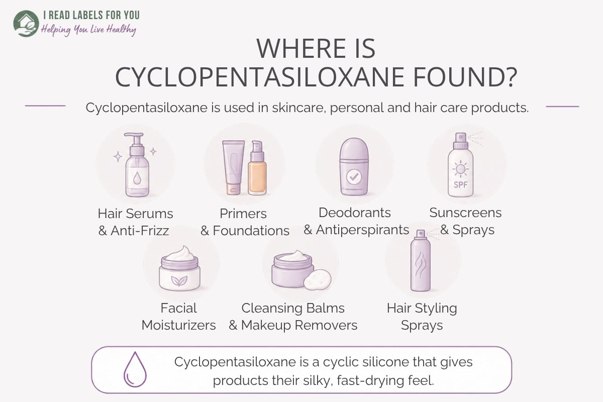 Infographic depicting products and answering the question Where Is Cyclopentasiloxane Found