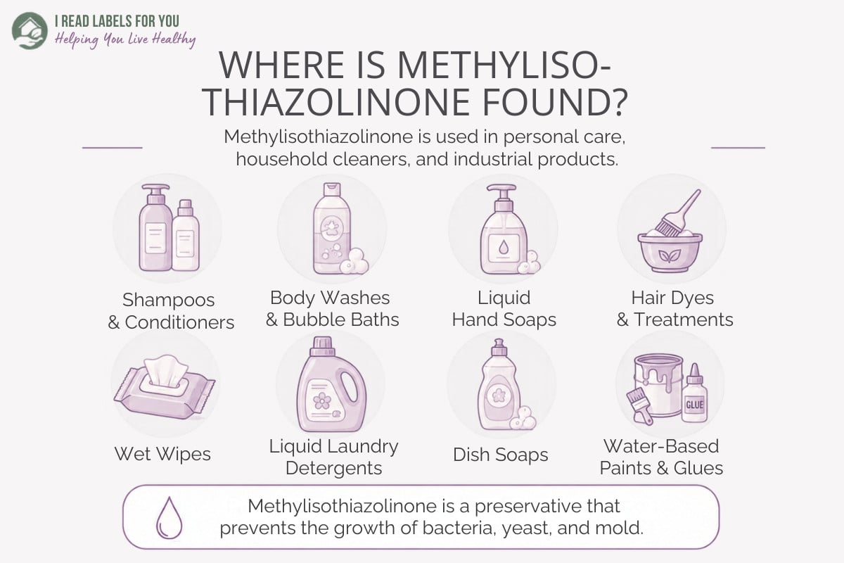Infographic depicting products and answering the question Where Is Methylisothiazolinone Found