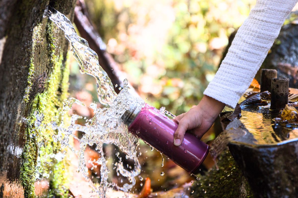A photo of a person collecting spring water into a stainless steel bottle.