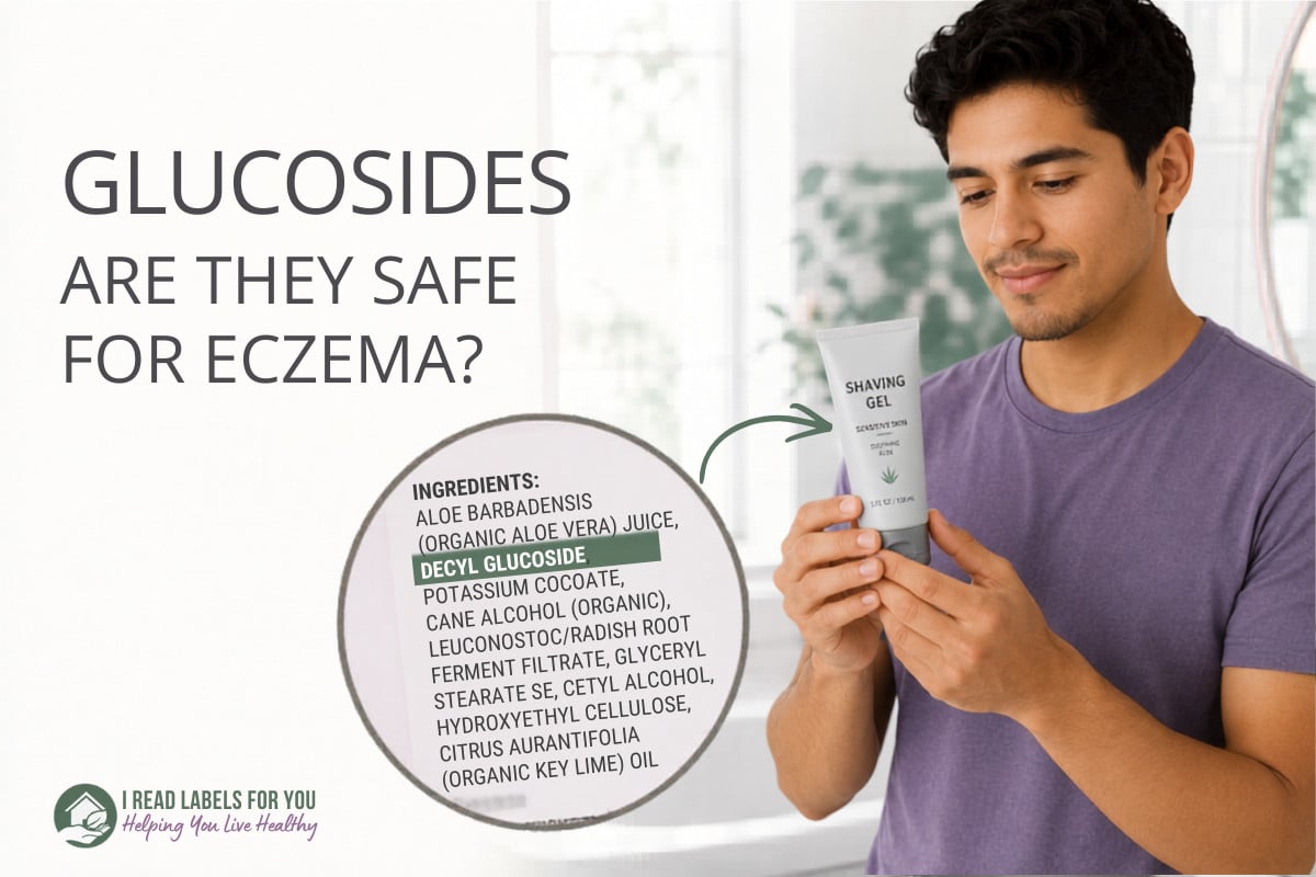 I Read Labels For You answers the question Are Glucosides Safe. Image depicting a man holding a shaving gel featuring decyl glucoside.