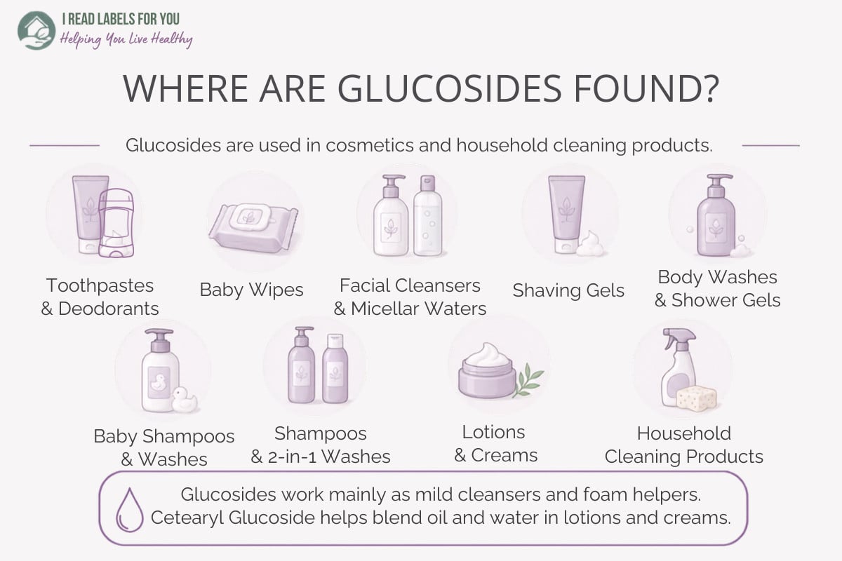 Infographic depicting products and answering the question Where Are Glucosides Found
