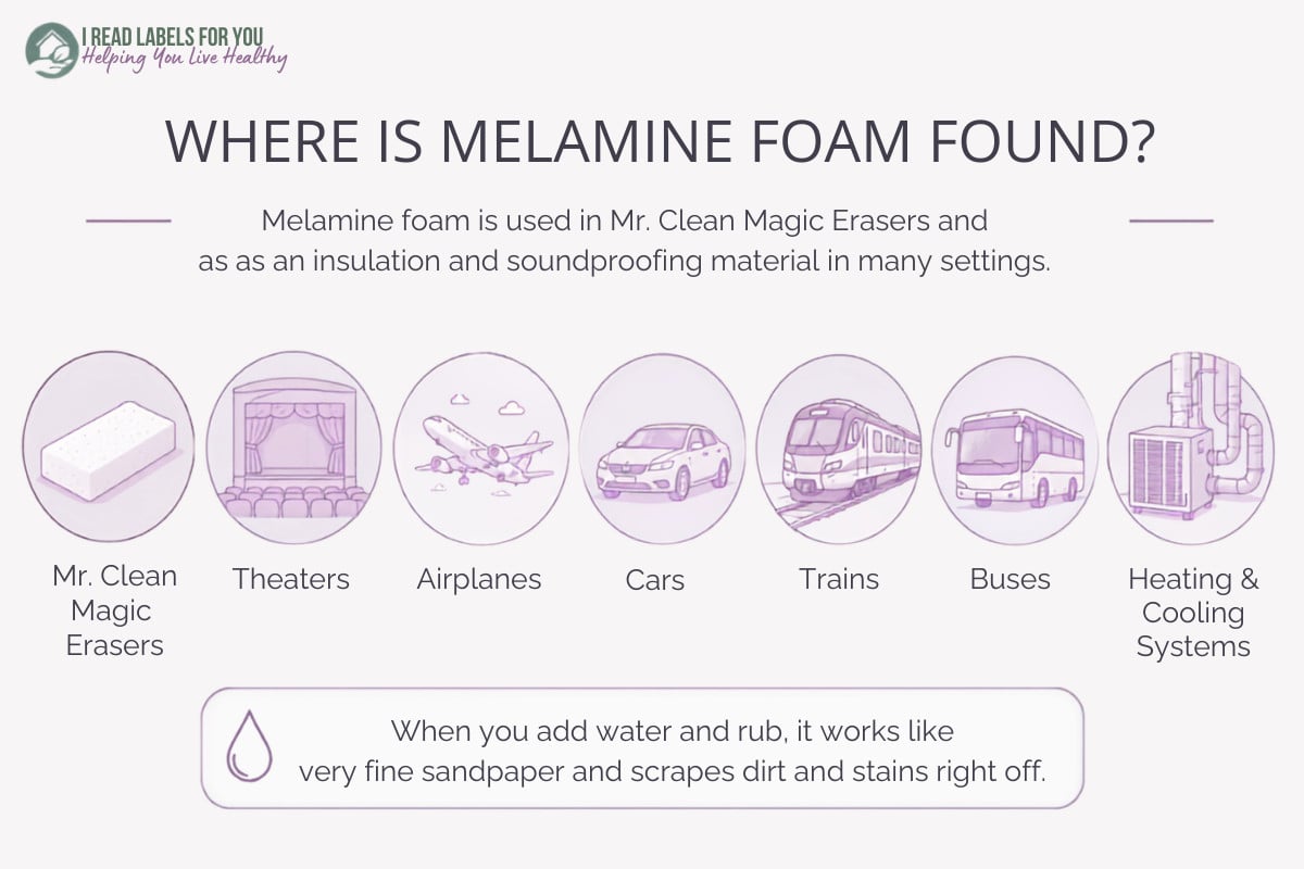 is Mr. Clean Magic Eraser safe I Read Labels For You infographic depicting Where melamine foam is found