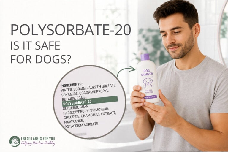 I Read Labels For You answering the question Are Polysorbates Safe. Image of a man holding a product featuring Polysorbate 20.
