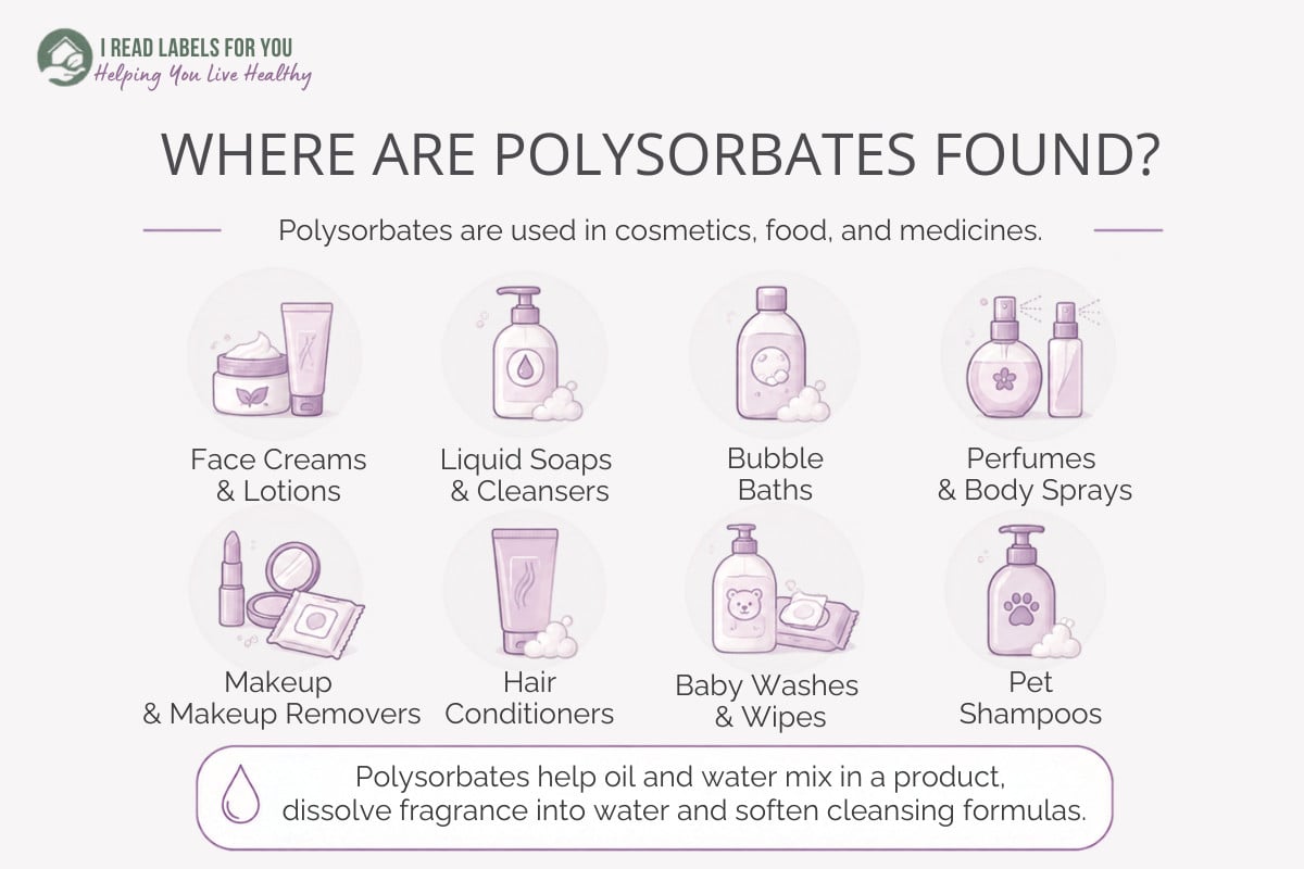 Infographic depicting products and answering the question Where Are Polysorbates Found