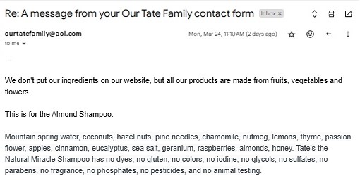 Email correspondence with Tate's Miracle shampoo 2025
