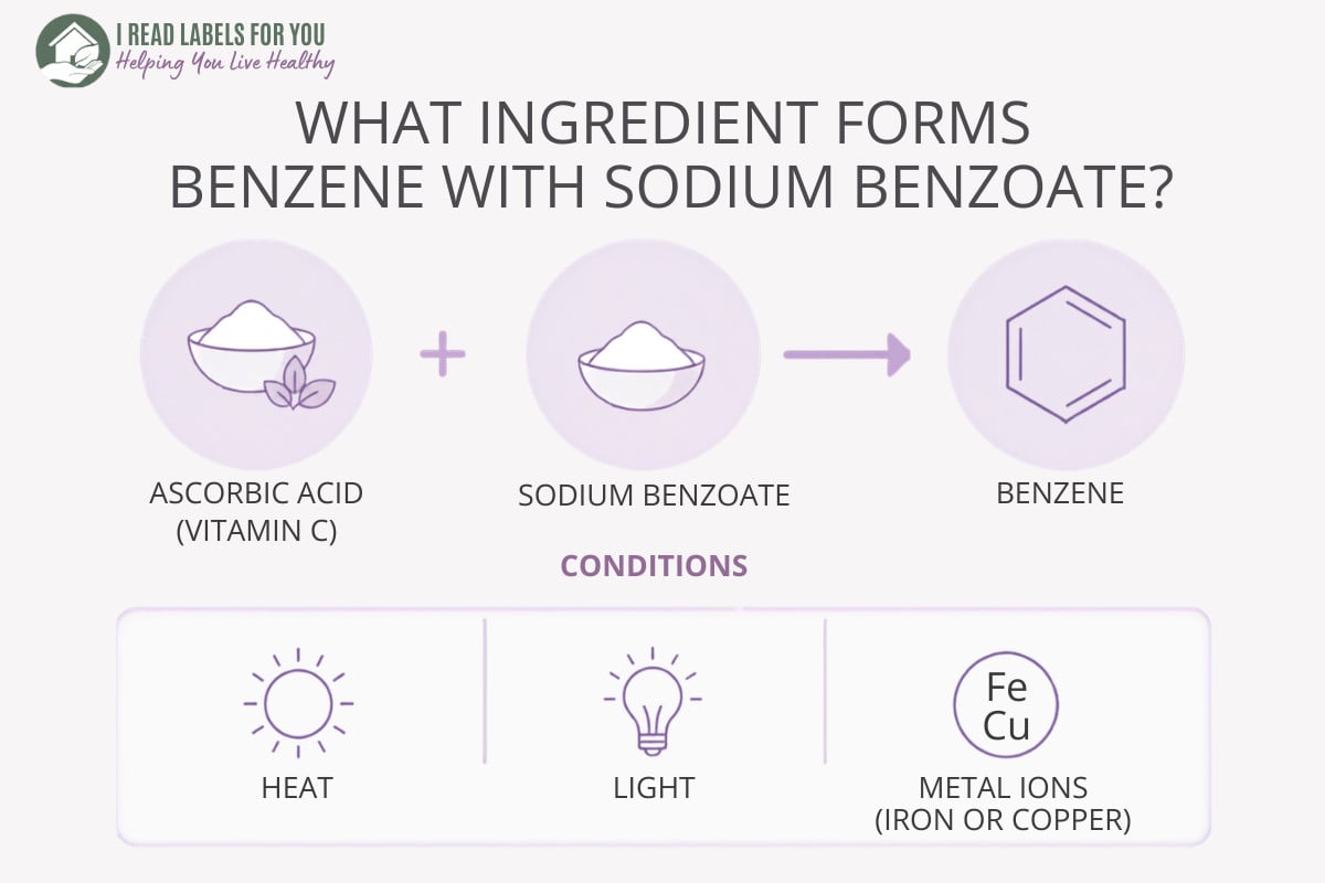 Infographic depicting ascorbic acid and sodium benzoate answering the question What Ingredient Forms Benzene With Sodium Benzoate