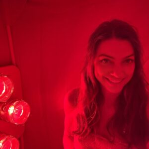 Irina in the SaunaSpace Irina Webb of I Read Labels For You using SaunaSpace Infrared sauna