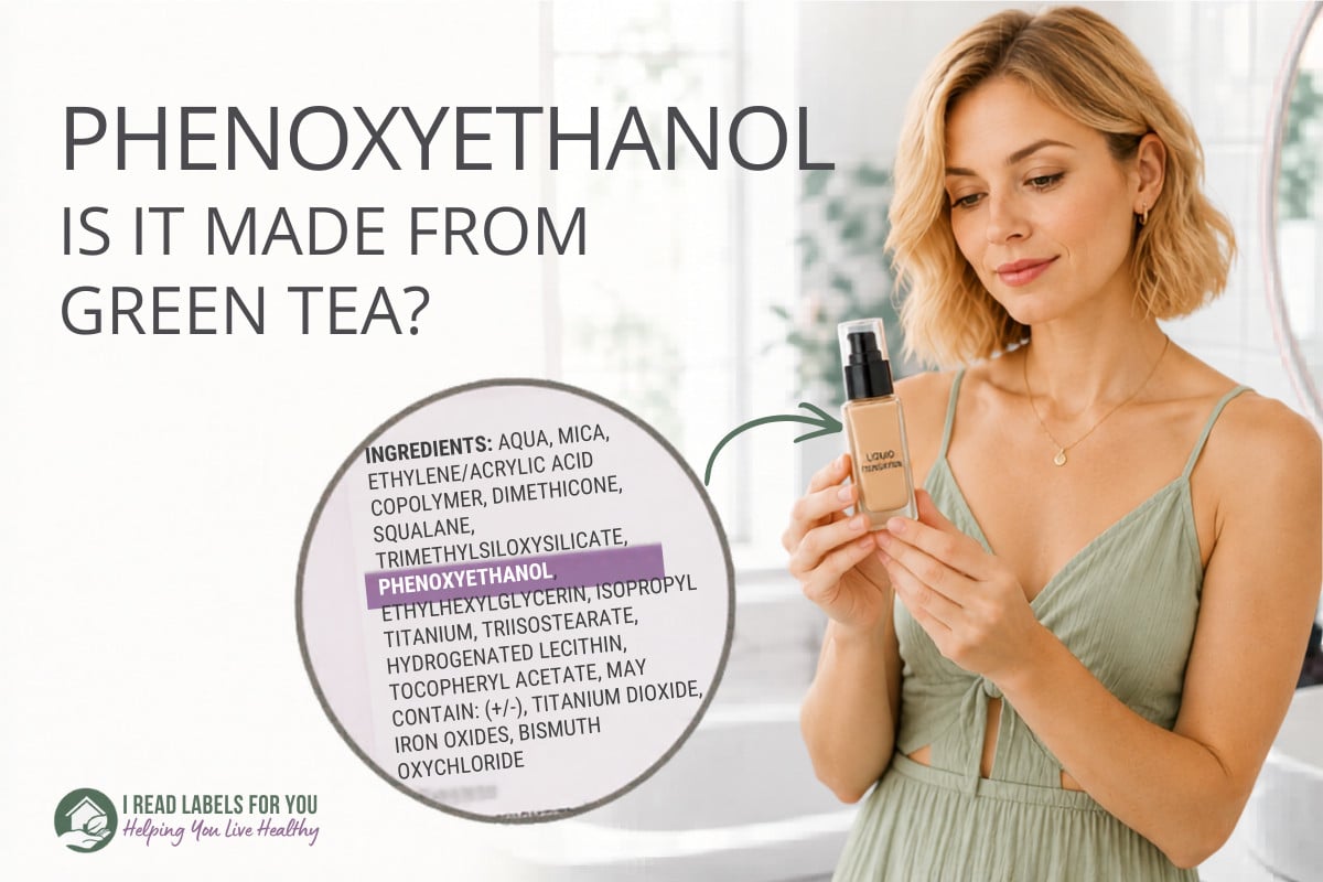 I Read Labels For You answering the question Is Phenoxyethanol Safe. Image of a woman holding a product featuring this ingredient on the label.