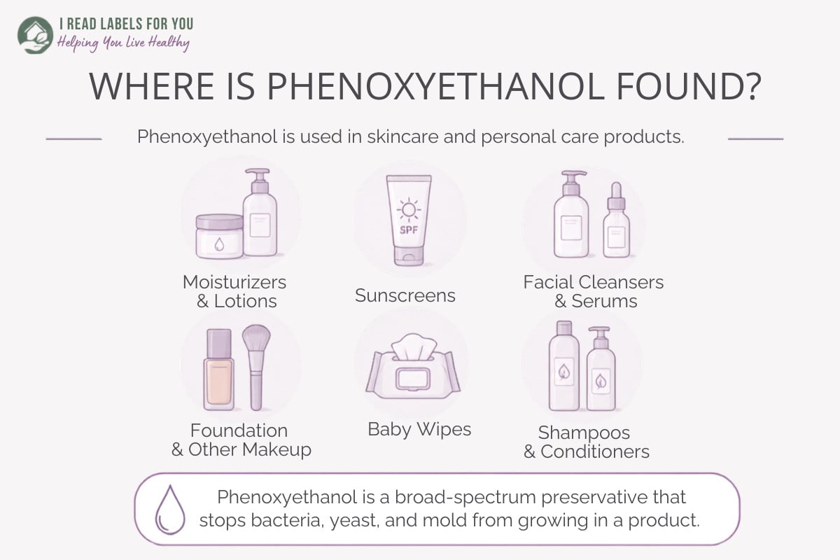 Infographic depicting products and answering the question Where Is Phenoxyethanol Found
