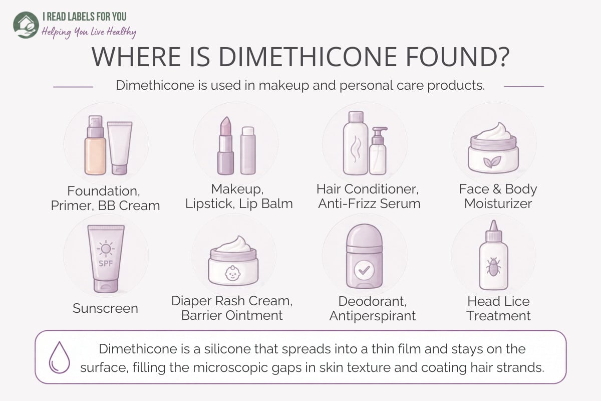 Infographic depicting products and answering the question Where is Dimethicone found