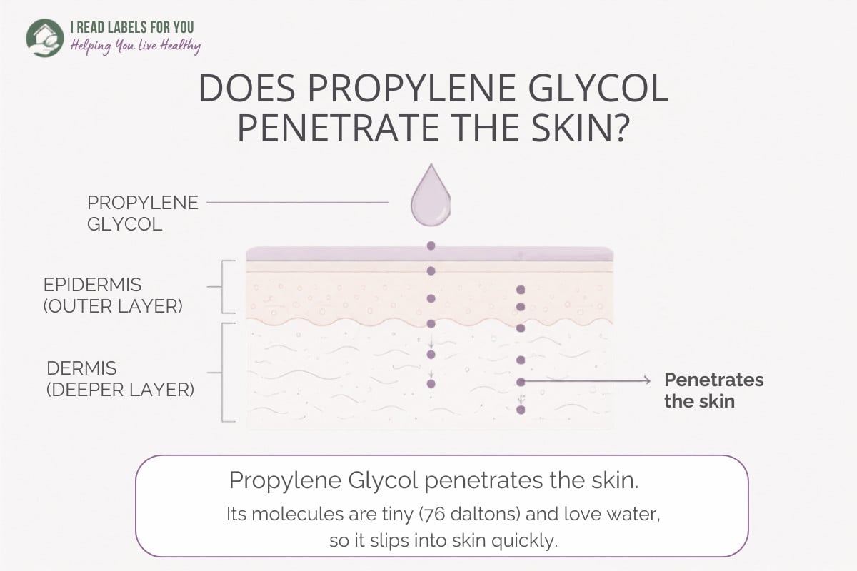 Does Propylene Glycol penetrate skin? I Read Labels For You infographic depicting epidermis and dermis: propylene glycol penetrates the skin.