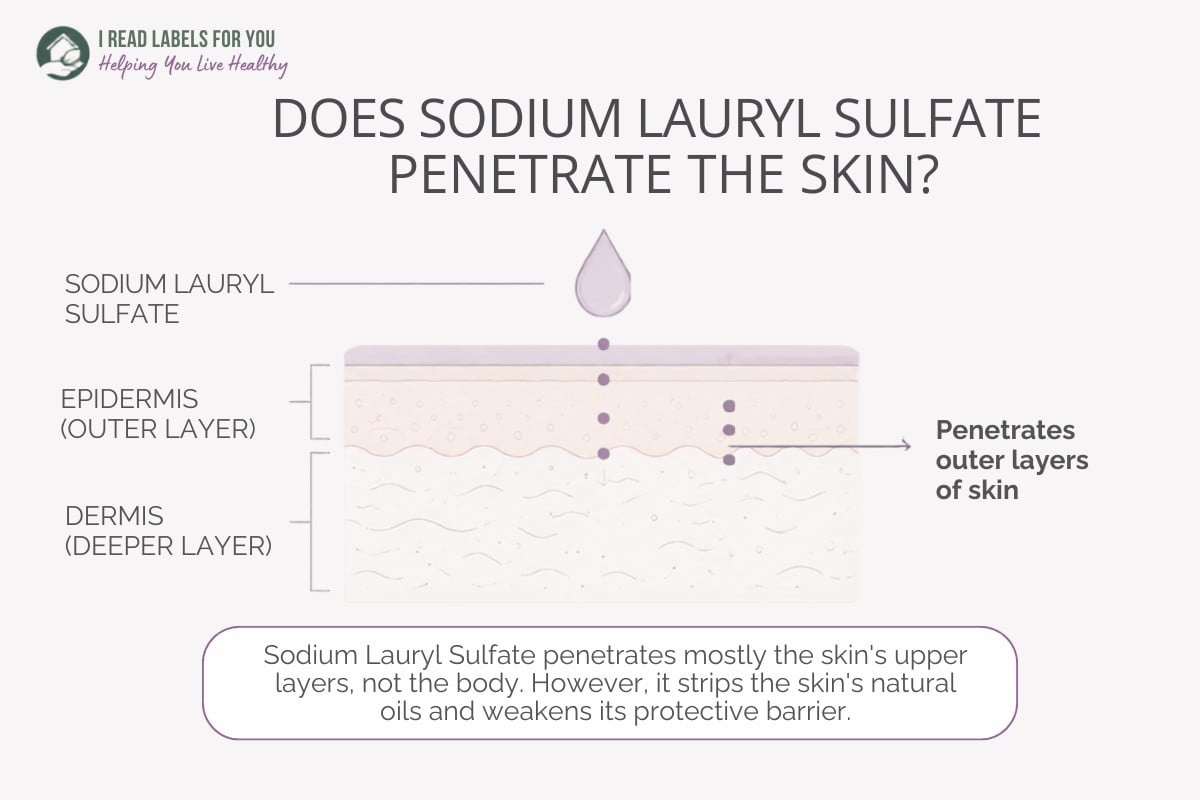 I Read Labels For You infographic depicting skin layers and answering the question Does Sodium Lauryl Sulfate penetrate skin