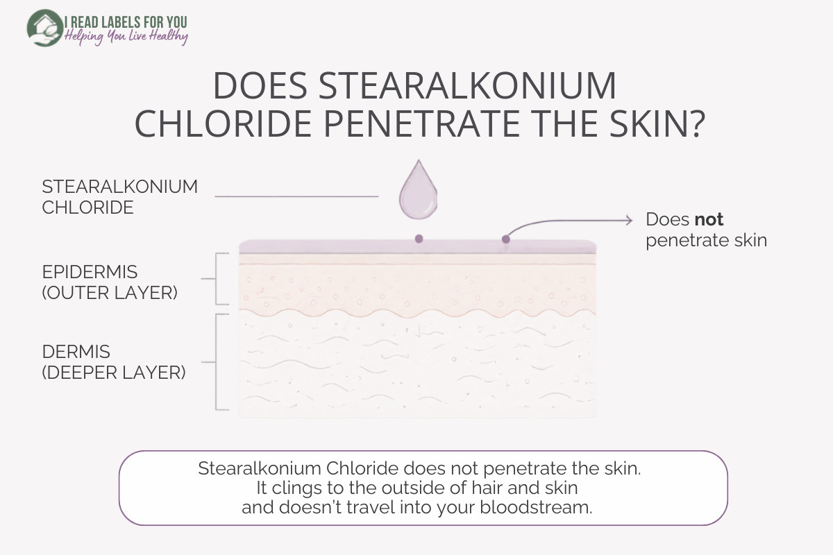 I Read Labels For You infographic depicting skin layers and answering the question Does Stearalkonium Chloride Penetrate Skin: It doesn't penetrate the skin.