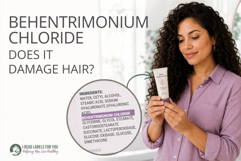 I Read Labels For You opinion on Is Behentrimonium Chloride Safe. Image of a woman reading ingredients on a cosmetic product with this ingredient listed on the label.
