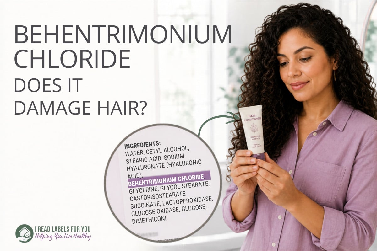 I Read Labels For You opinion on Is Behentrimonium Chloride Safe. Image of a woman reading ingredients on a cosmetic product with this ingredient listed on the label.