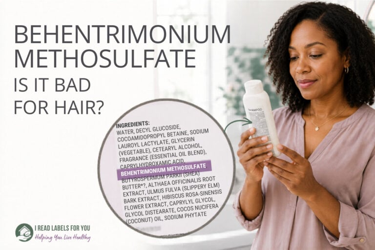 I Read Labels For You opinion on Is Behentrimonium Methosulfate Safe. The image of a woman reading ingredients on a cosmetic product with this ingredient listed on the label.