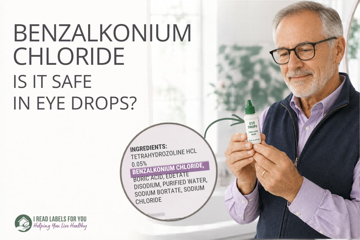 I Read Labels For You answers the question Is Benzalkonium Chloride Safe. Image depicting a man reading label on eye drops that lists this ingredient.