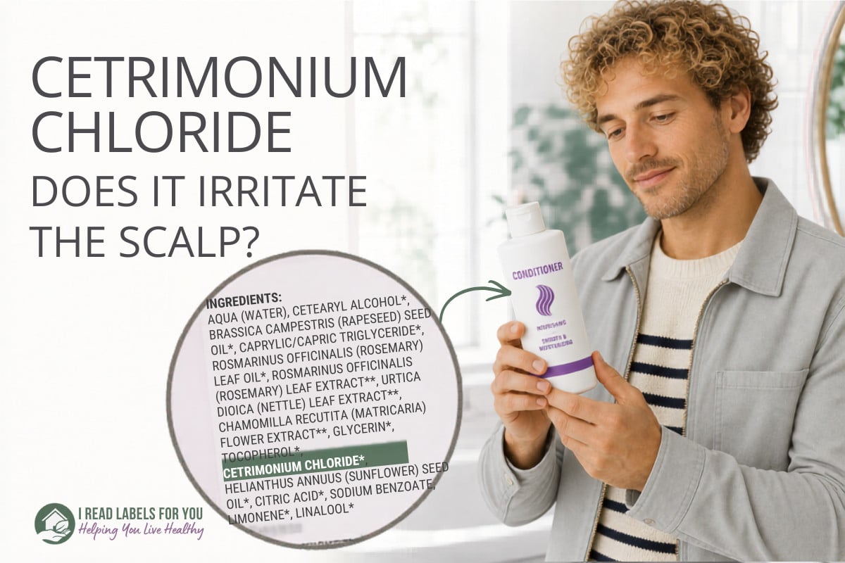 I Read Labels For You answers the question Is Cetrimonium Chloride Safe. An image of a man reading ingredients on a hair conditioner bottle.