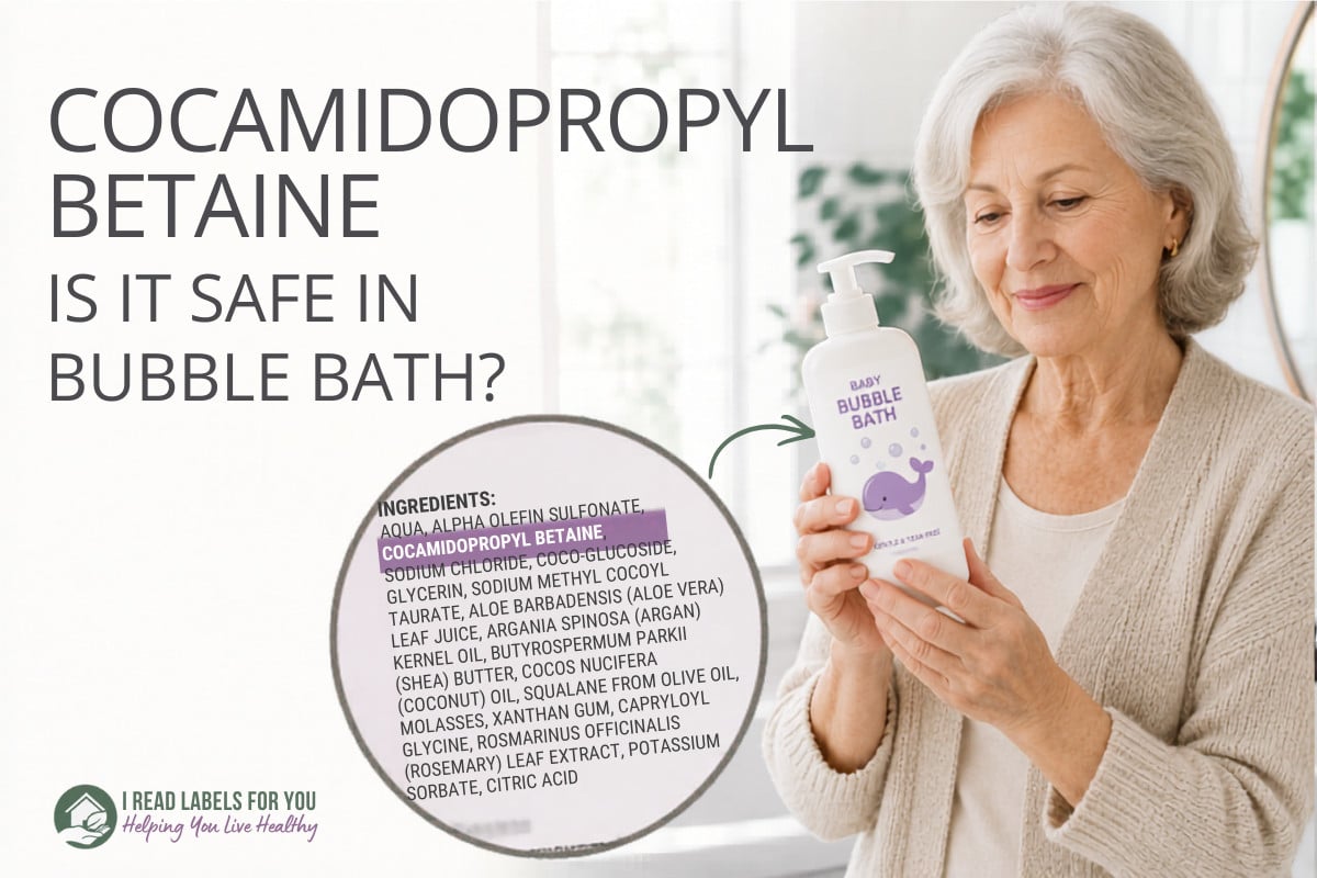 I Read Labels For You answer to the question Is Cocamidopropyl Betaine Safe. The image of a grandmother holding a bubble bath bottle featuring Cocamidopropyl Betaine among its ingredients.