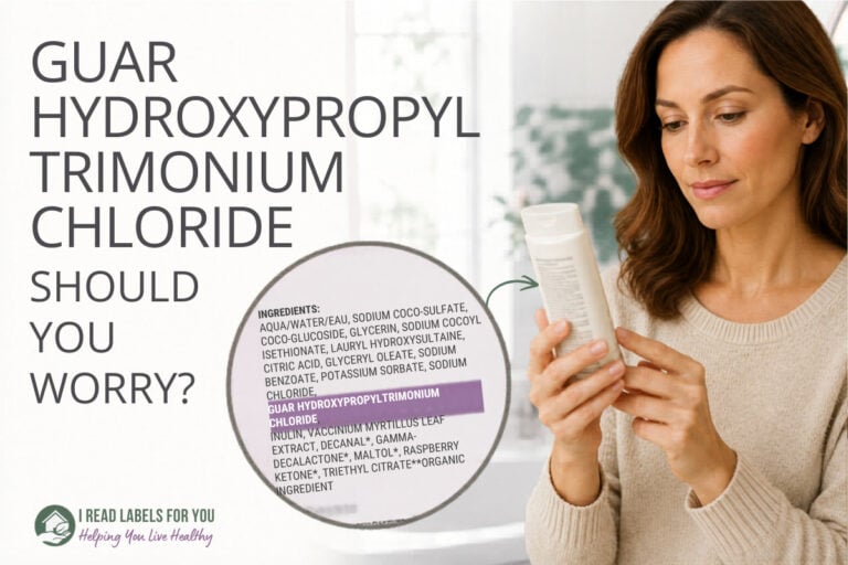 I Read Labels For You opinion on Is GUAR HYDROXYPROPYLTRIMONIUM CHLORIDE safe. A woman reading ingredient label on a personal care product, one of which is Guar Hydroxypropyltrimonium Chloride