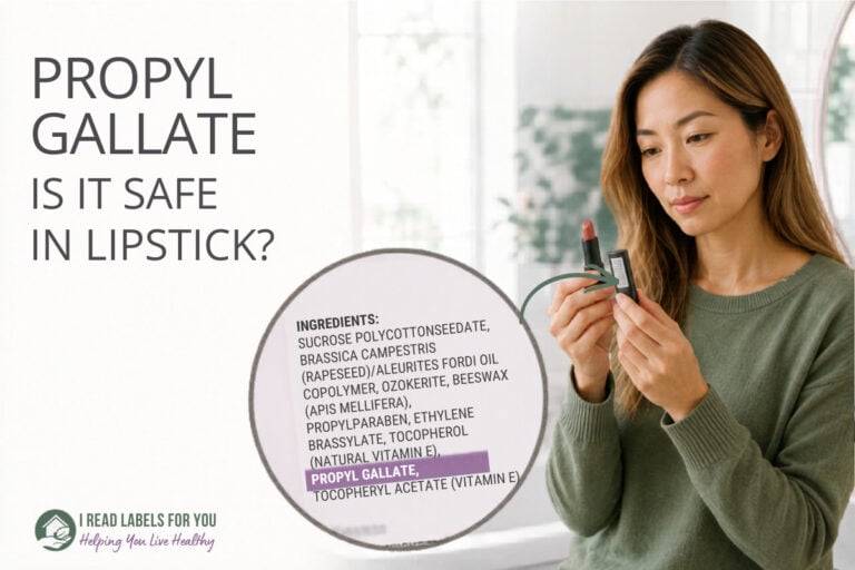 I Read Labels For You answers the question Is Propyl Gallate Safe. Image of a woman reading ingredients on a cosmetic product with this ingredient listed as well.