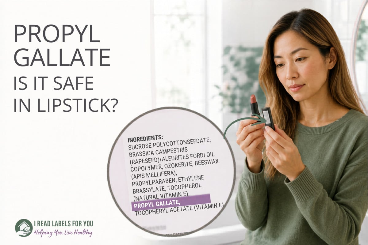 I Read Labels For You answers the question Is Propyl Gallate Safe. Image of a woman reading ingredients on a cosmetic product with this ingredient listed as well.