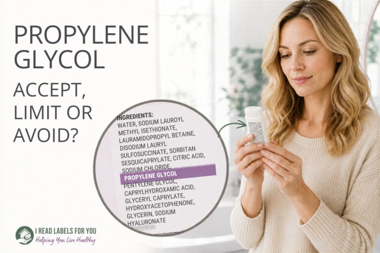 I Read Labels For You opinion on Is Propylene Glycol Safe. An image of a woman reading ingredients on a personal care product with propylene glycol listed among them.