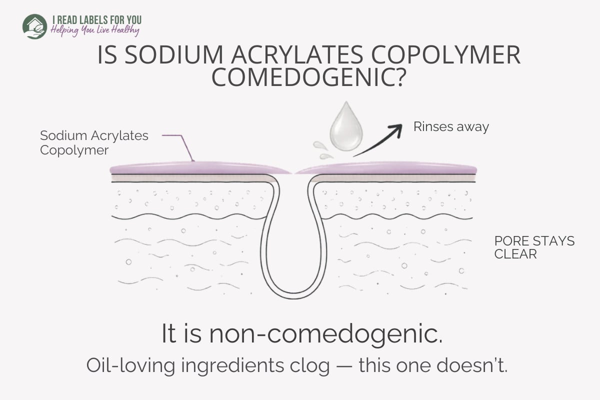 I Read Labels For You infographic on Is Sodium Acrylates Copolymer Comedogenic. No, it isn't comedogenic.