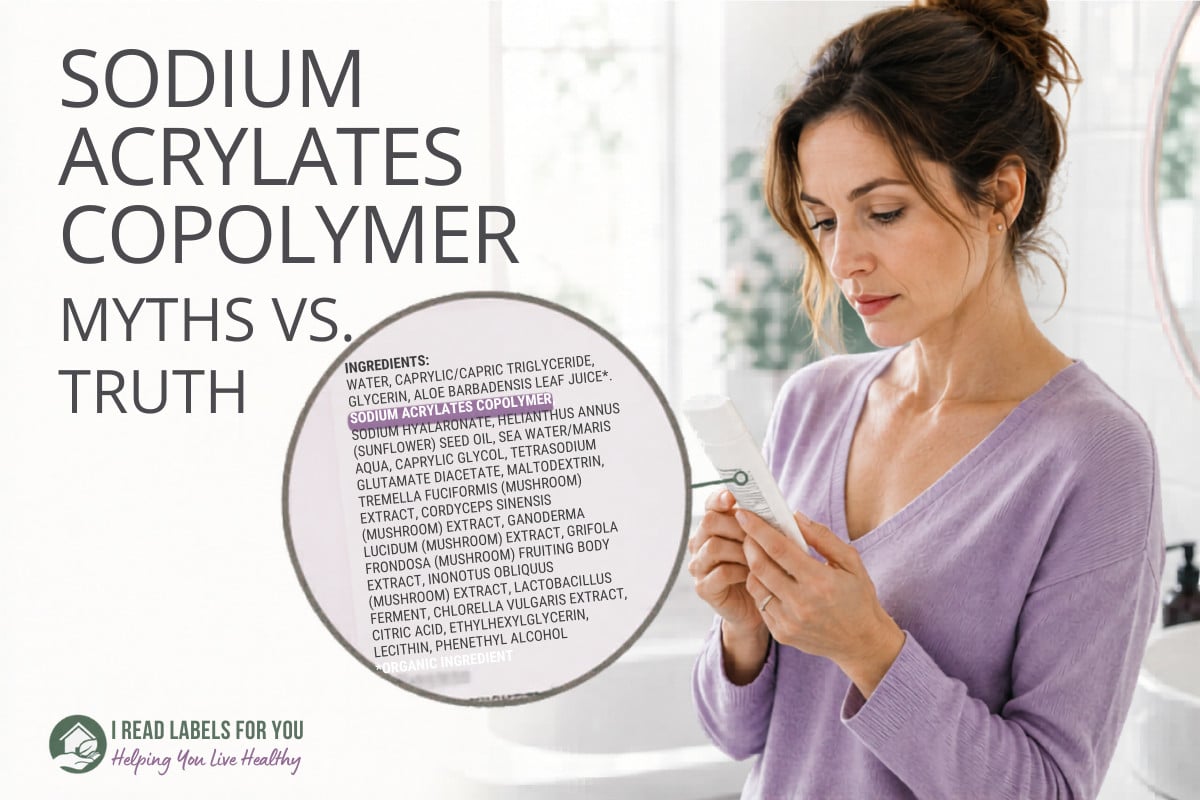 I Read Labels For you opinion on Is Sodium Acrylates Copolymer Safe. A woman reading ingredients on a skin lotion that include sodium acrylates copolymer.