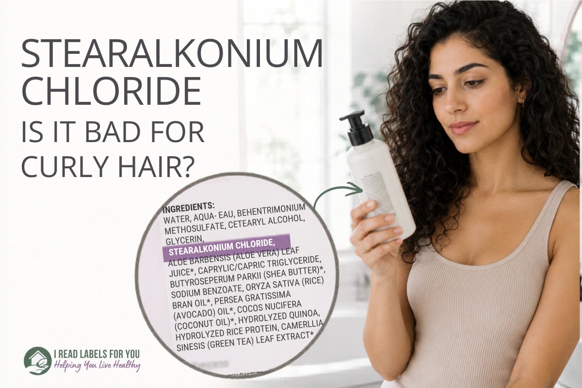 I Read Labels For You answers the question Is Stearalkonium Chloride Safe. An image deoicting a woman with curly hair reading a label on conditioner with the ingredient listed in the product's formula.