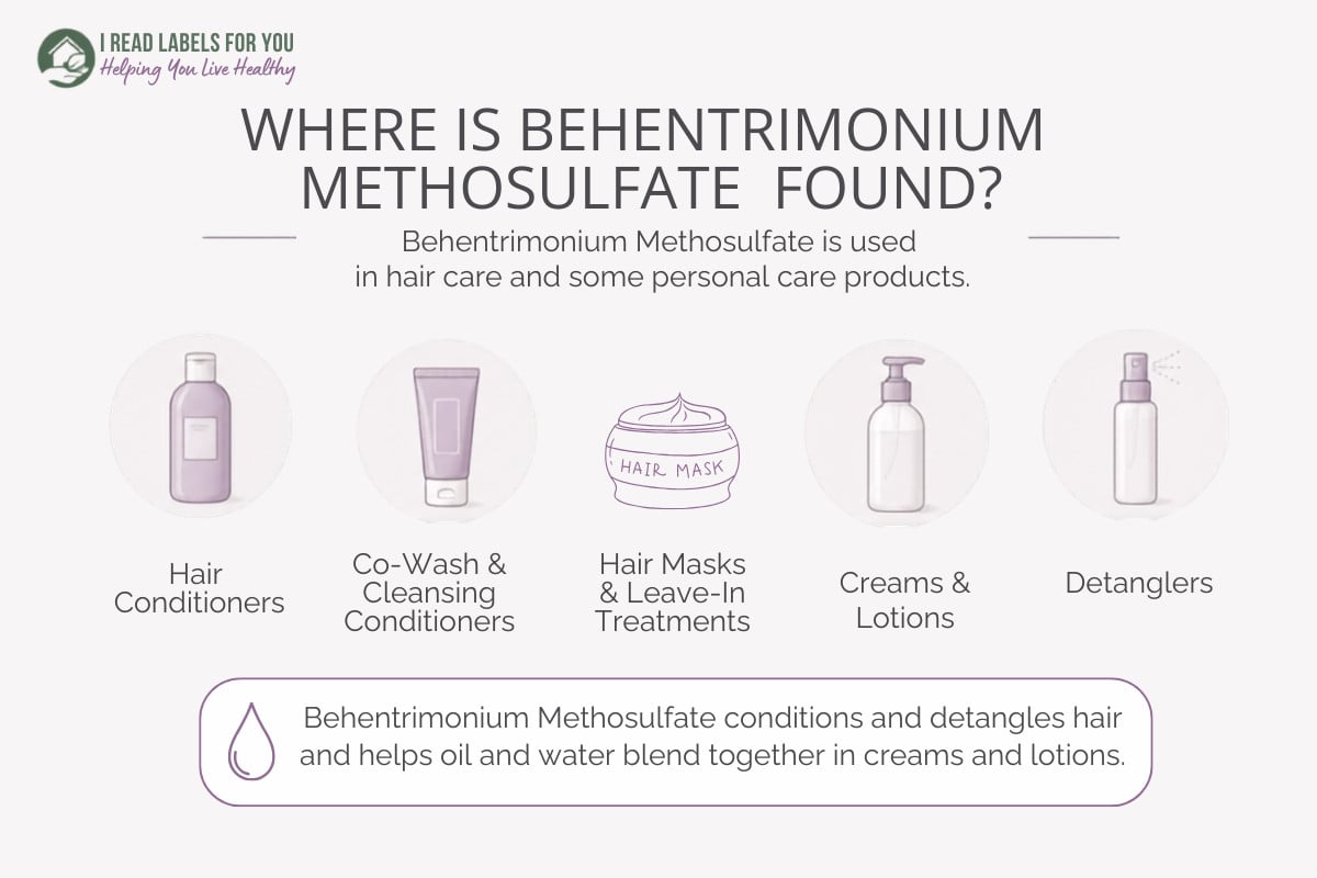 IRLFY infographic depicting products and answering the question Where Is Behentrimonium Methosulfate Found