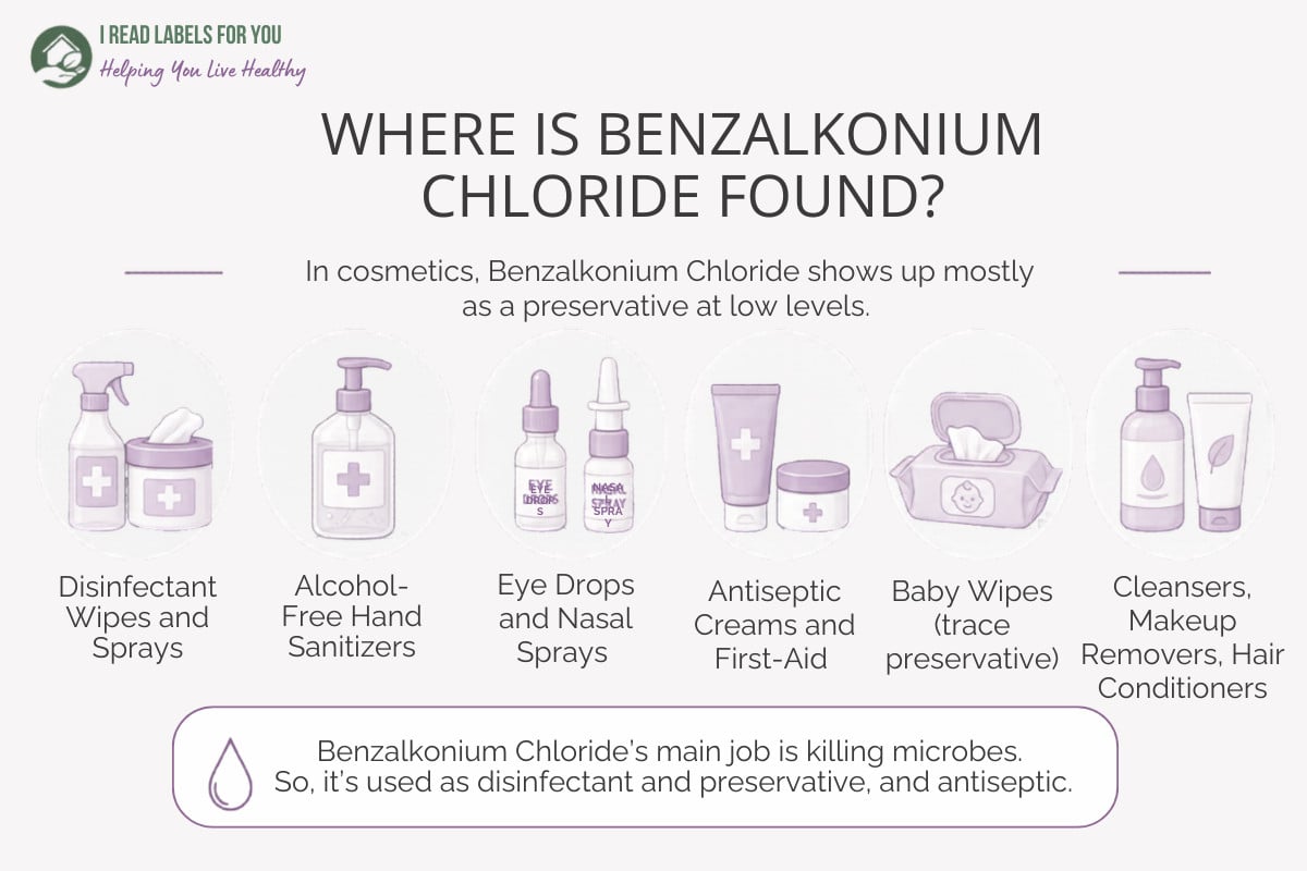 I Read Labels For You infographic depiction products and answering the question Where Is Benzalkonium Chloride Found