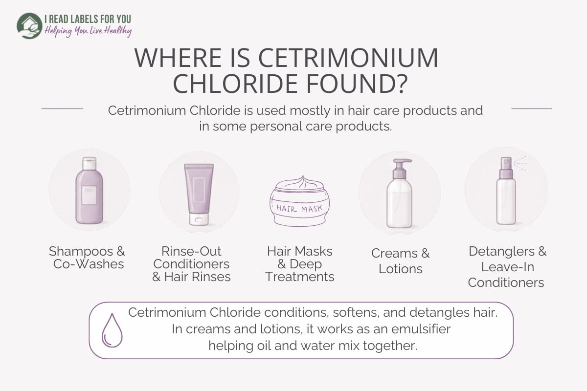 I Read Labels For You infographic depicting products and answering the question Where Is Cetrimonium Chloride Found