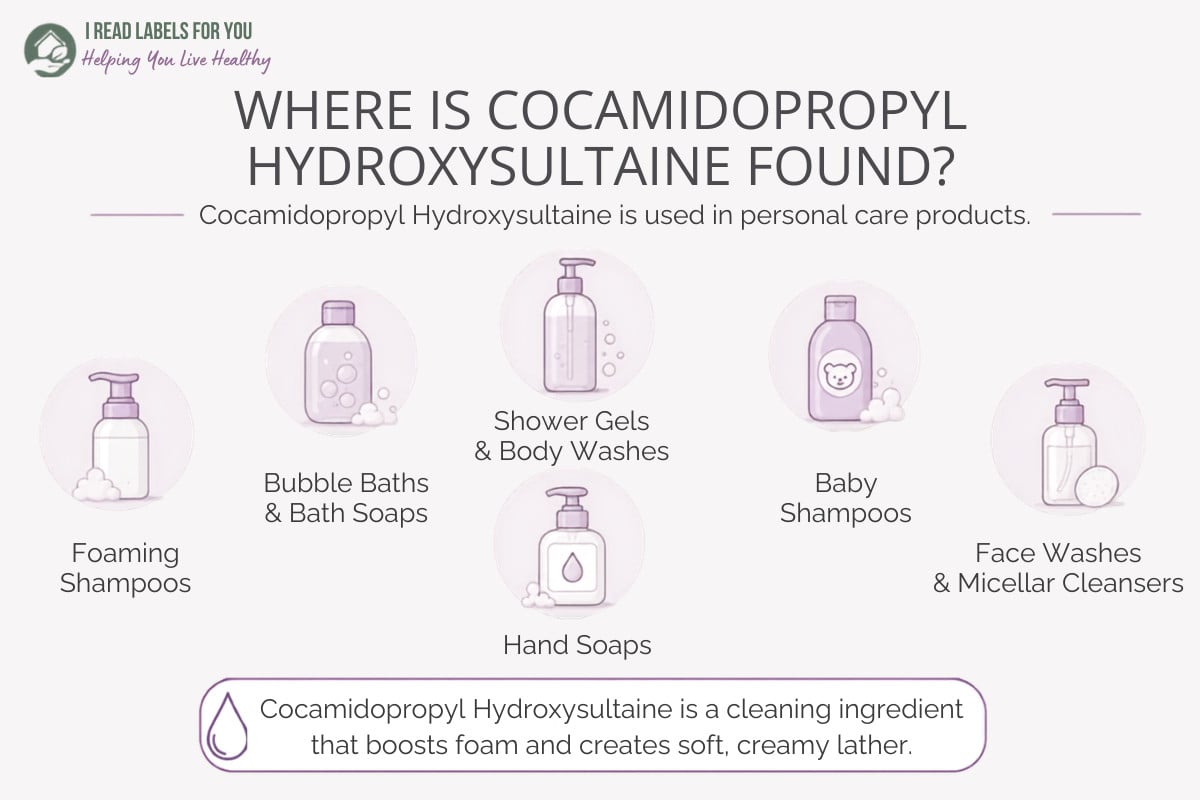 woman washing her body Infographic depicting products and answering the question Where Is Cocamidopropyl Hydroxysultaine Found