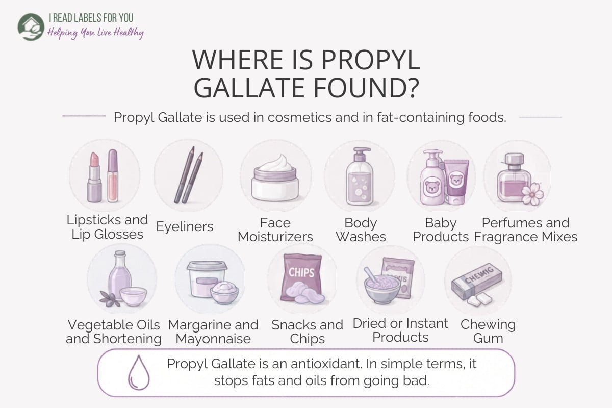 I Read Labels For You infographic deoicting products and answering the question Where Is Propyl Gallate Found in cosmetics and food