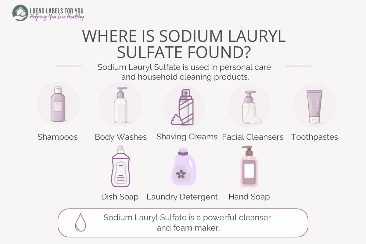 I Read Labels For You infographic depicting products and answering the question Where Is Sodium Lauryl Sulfate found