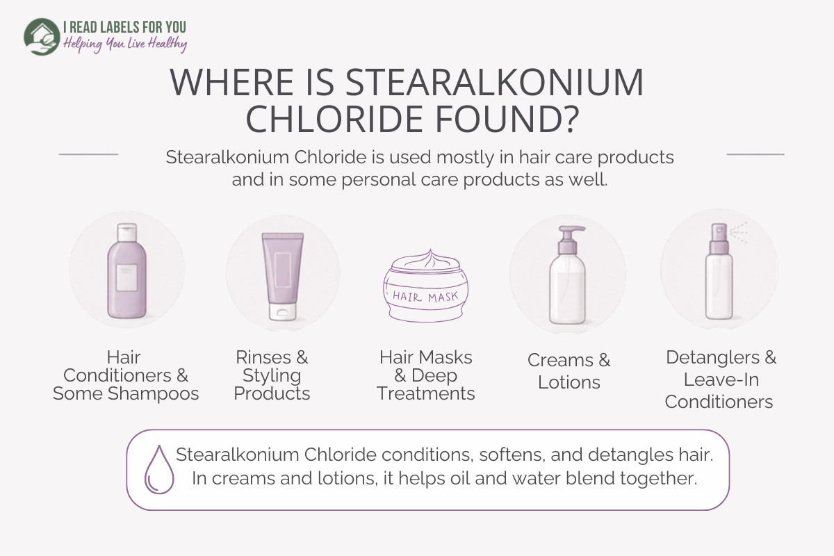 I Read Labels For You infographic depicting products and answering the question Where Is Stearalkonium Chloride Found