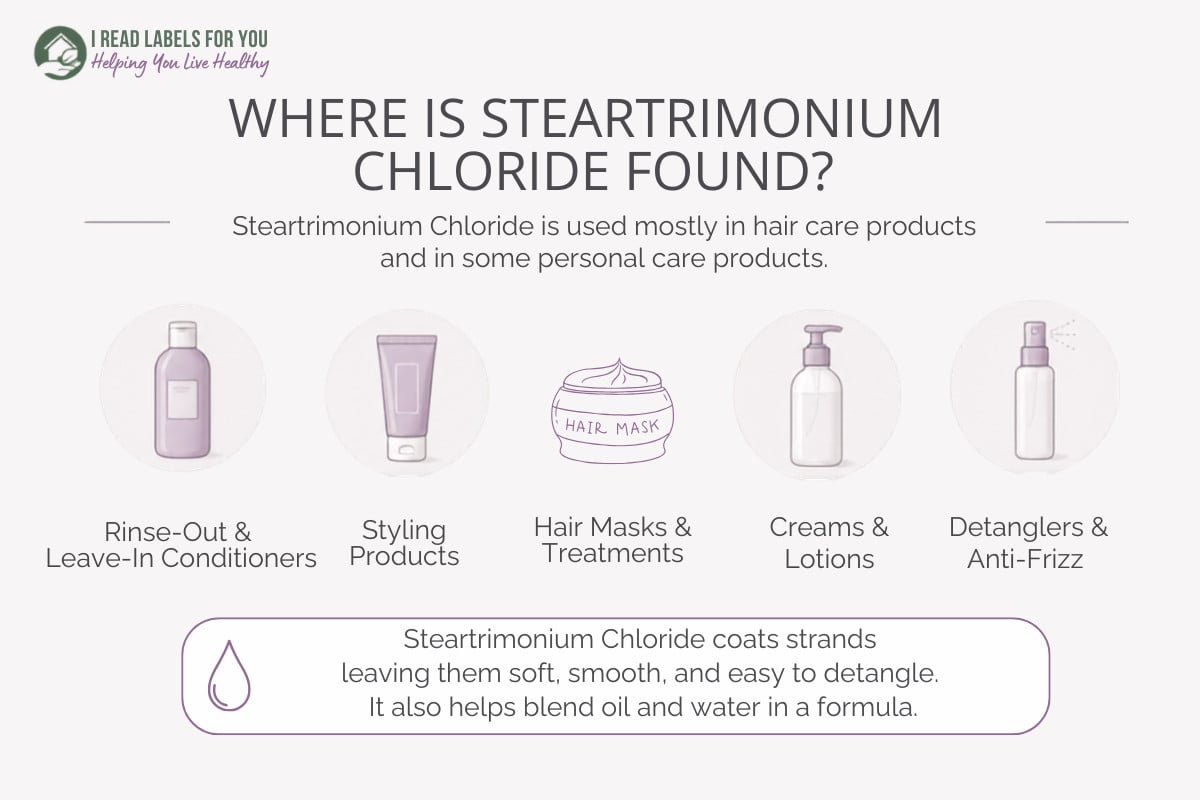 I Read Labels For You infographic depicting products and answering the question Where Is Steartrimonium Chloride Found