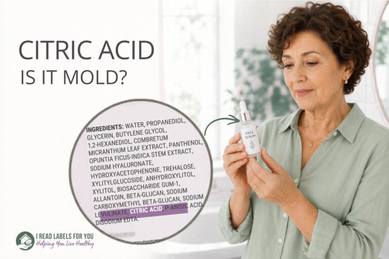 I Read Labels For You answering the question Is Citric Acid Safe. Image of a woman holding a face serum featuring the ingredient.