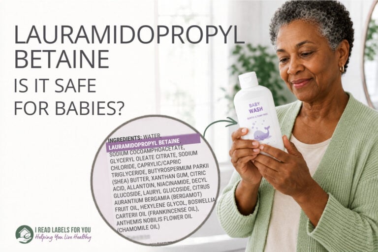 I Read Labels For You answers the question Is Lauramidopropyl Betaine Safe. Image of a woman holding a baby wash product featuring the ingredient on the label.
