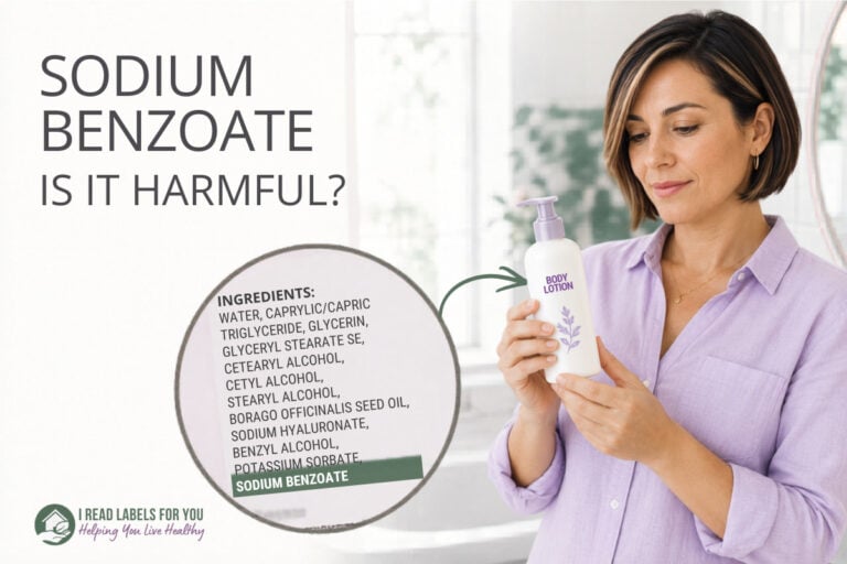 I Read Labels For You answering the question Is Sodium Benzoate Safe. Image of a woman holding a body lotion product featuring the ingredient.