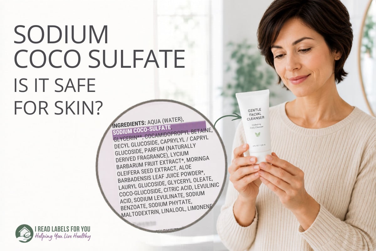 I Read Labels For You answer to the question Is Sodium Coco Sulfate Safe. Image of a woman holding a facial cleanser featuring the ingredient.